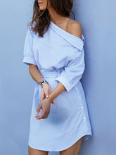 Load image into Gallery viewer, Striped Belt Oblique Shoulder Shirt Maternity Dress
