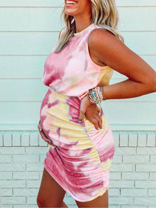 Tie-dye Round Neck Sleeveless Maternity Dress