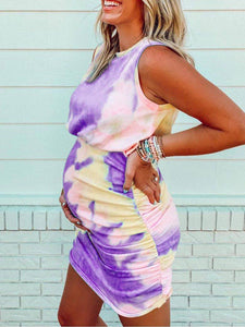 Tie-dye Round Neck Sleeveless Maternity Dress