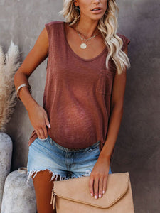 Maternity U-neck Patch Pocket Solid Color Loose Vest