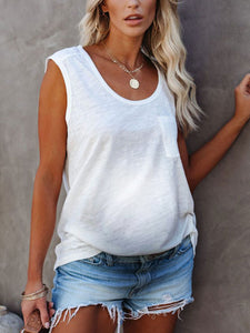 Maternity U-neck Patch Pocket Solid Color Loose Vest