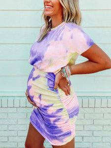 Tie-Dye Short-Sleeved Hip-Wrapped Maternity Dress