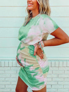 Tie-Dye Short-Sleeved Hip-Wrapped Maternity Dress