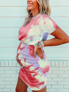 Tie-Dye Short-Sleeved Hip-Wrapped Maternity Dress