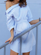 Load image into Gallery viewer, Striped Belt Oblique Shoulder Shirt Maternity Dress
