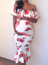 Load image into Gallery viewer, Off-the-shoulder Ruffled Floral Maternity Dress
