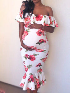 Off-the-shoulder Ruffled Floral Maternity Dress