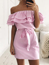 Load image into Gallery viewer, Off-the-shoulder Striped Ruffled Maternity Dress
