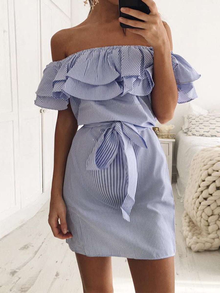 Off-the-shoulder Striped Ruffled Maternity Dress