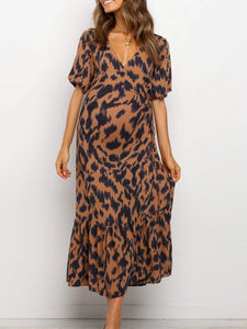 V-neck Leopard Print Maternity Casual Dress