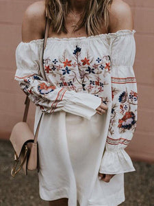 Maternity Off-shoulder Printed Lotus Sleeve Dress