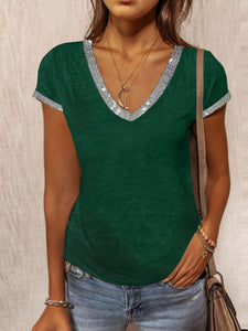 Ladies V-neck Contrast Color Slim Short-sleeved T-shirts