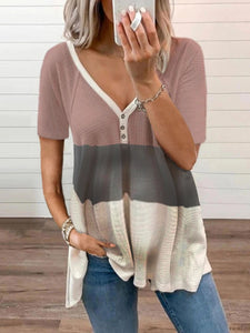 Maternity Color Matching Placket Buttoned Short-sleeved T-shirts