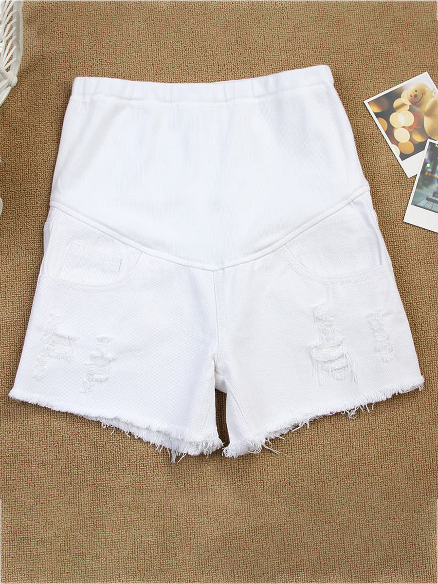 Pure Color Trendy Ripped Maternity Shorts