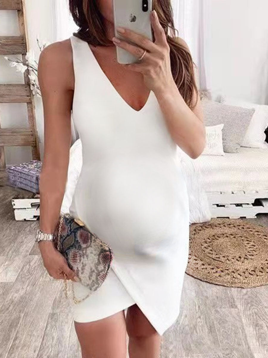 Irregular Solid Color Slim Sexy Sleeveless V-neck Dress For Pregnant Women