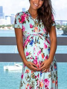 Maternity Summer Short Sleeve Pocket Printed Dress