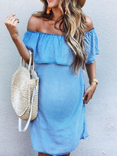 Load image into Gallery viewer, Maternity Ruffled Off-shoulder Denim Dress
