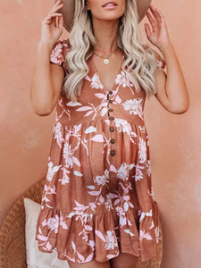 Maternity Single-breasted V-neck Short-sleeved Printed High-waist Dress