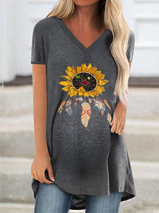 Short-Sleeved Loose-Fitting Printed Maternity Top