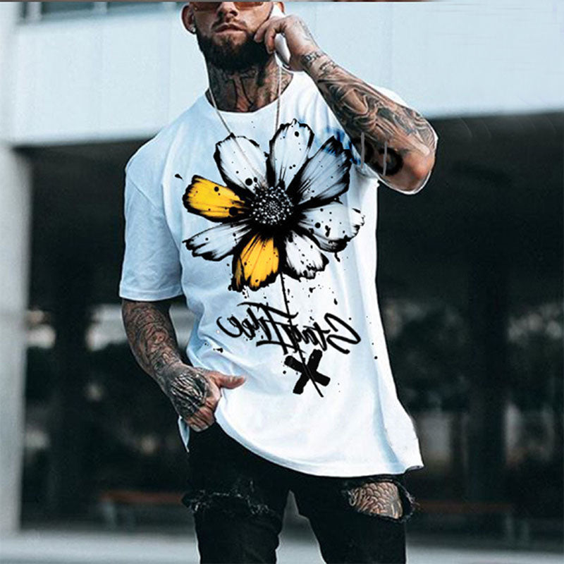 Men's Casual Chrysanthemum Print Round Neck Short Sleeve T-shirts