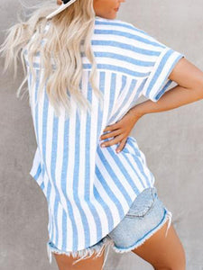 Striped Lapel Short Sleeves Maternty’s Top