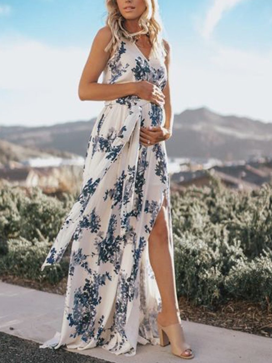 V-Neck Slim Print Sexy Maternity Dress