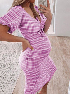 Striped V-Neck Bow Short Sleeve Maternity Dress