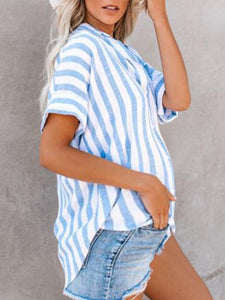 Striped Lapel Short Sleeves Maternty’s Top