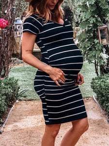 Round Neck Striped Short Sleeves Maternity Dress